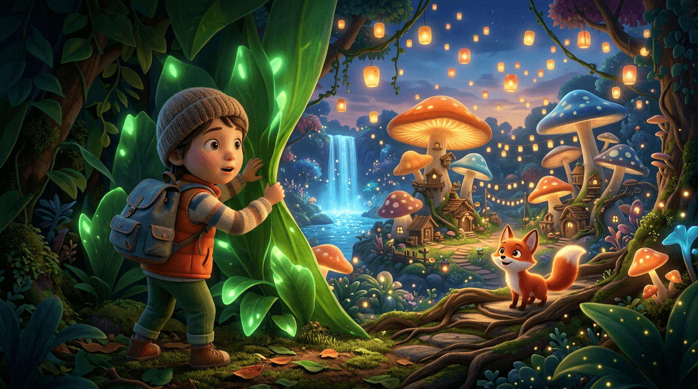 Cartoon frame of a child opening a door in a tree trunk onto a glowing hidden world