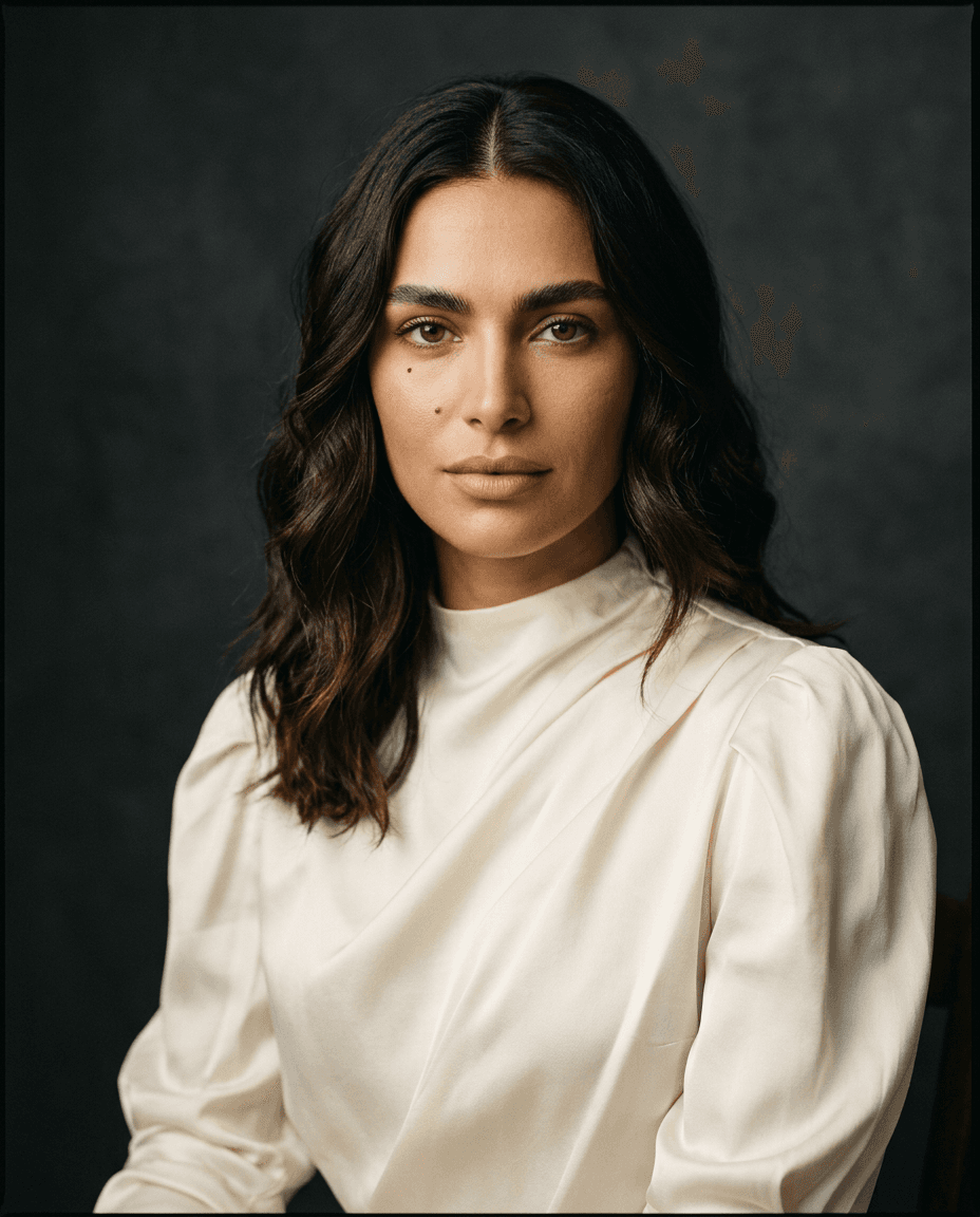 Fictional AI model — editorial studio portrait in an ivory silk blouse