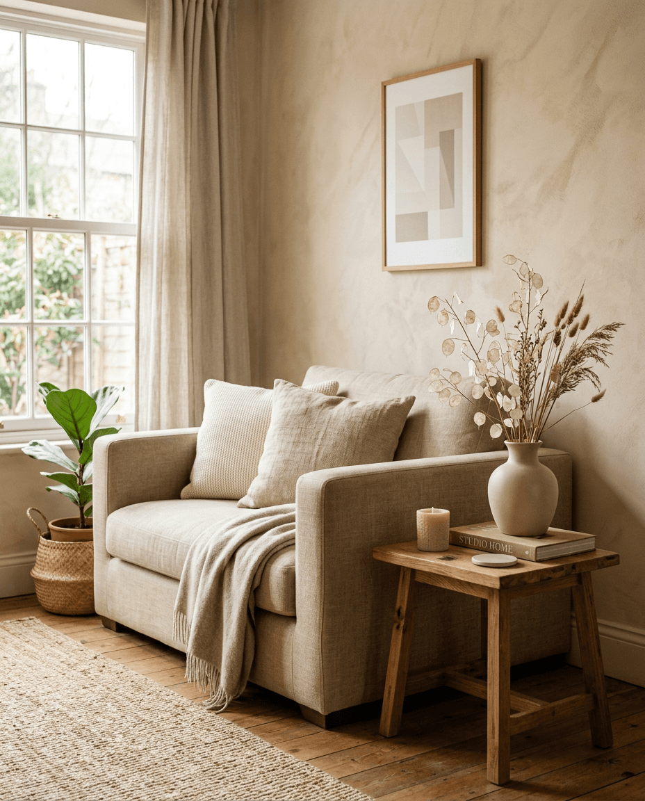 Sunlit living room with a linen sofa and plants