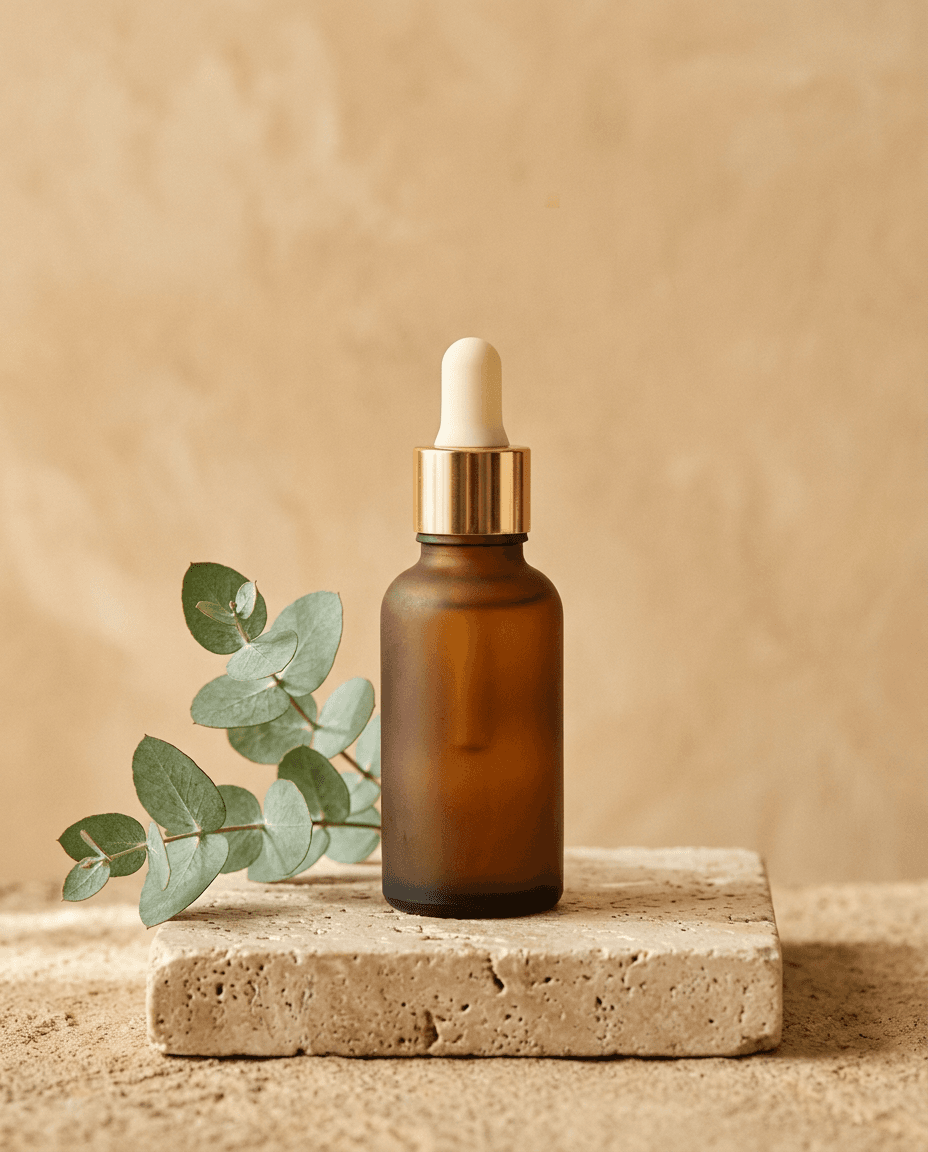 Skincare bottle on a sculpted plinth in soft light
