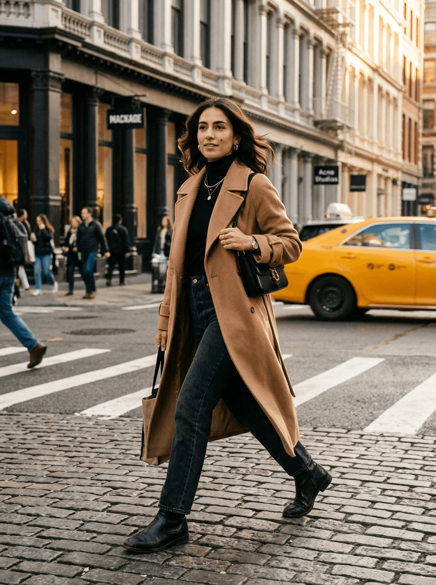 Fictional AI model — walking through SoHo in a camel trench coat
